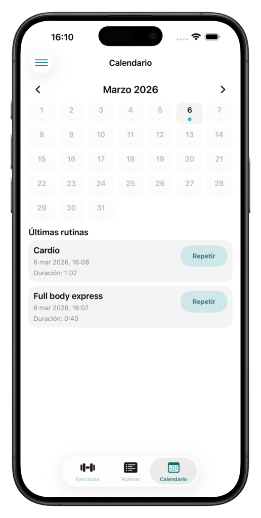 Calendario de entrenamientos de la app 30GYM con las últimas rutinas y botón Repetir