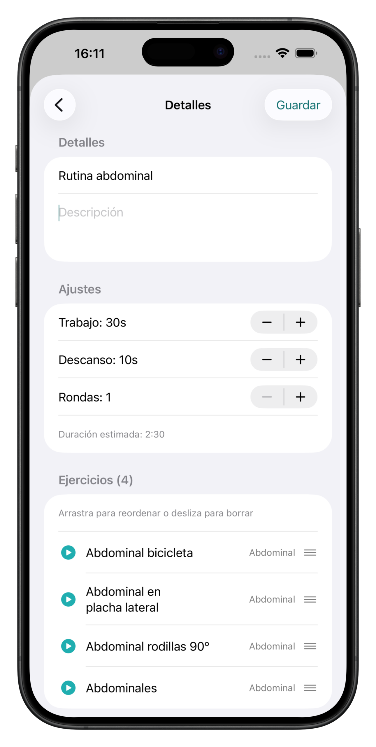 Editor de rutinas personalizadas de la app 30GYM con tiempo de trabajo, descanso y rondas