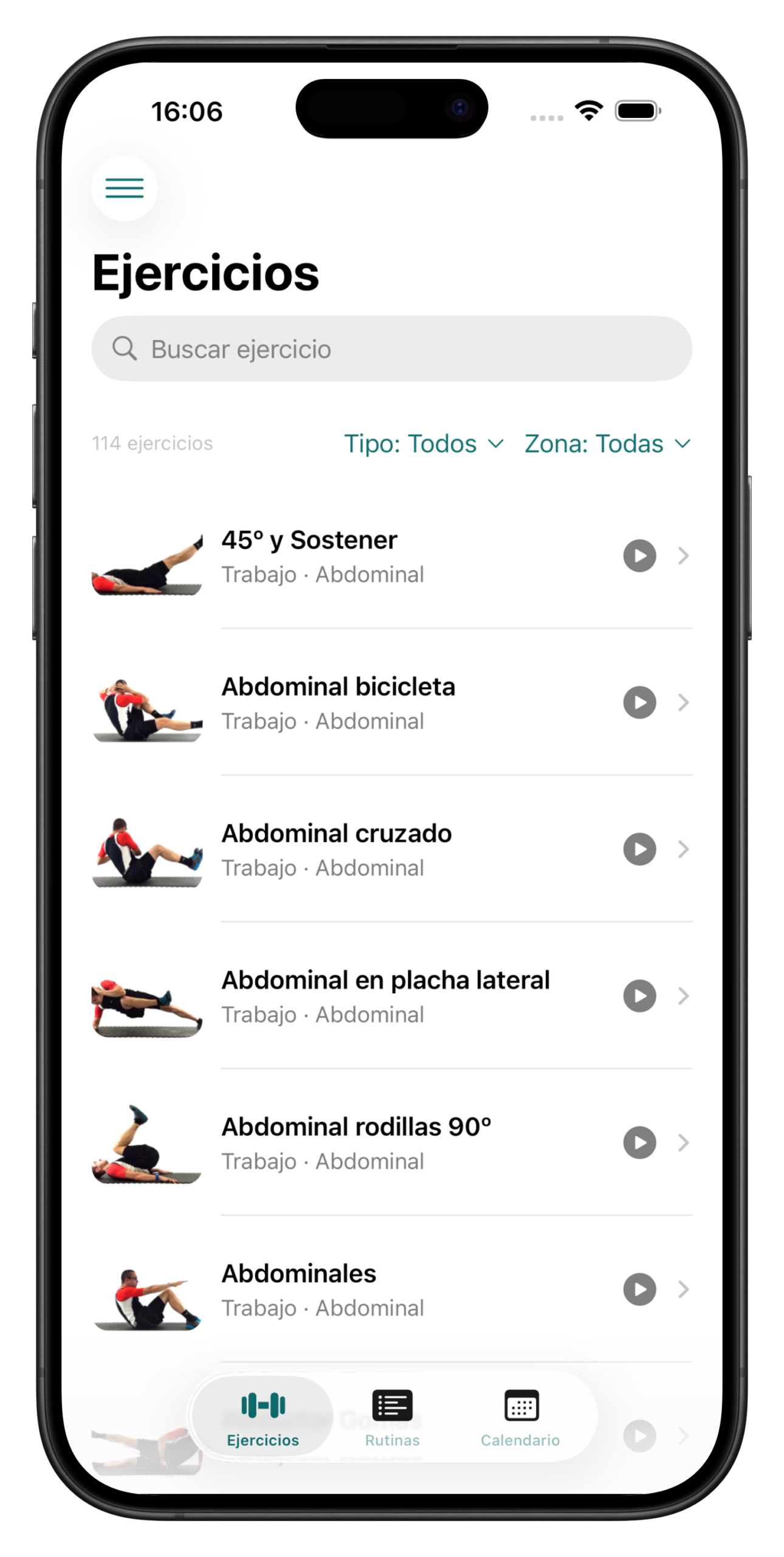 Biblioteca de ejercicios de la app 30GYM con filtros por tipo y zona corporal