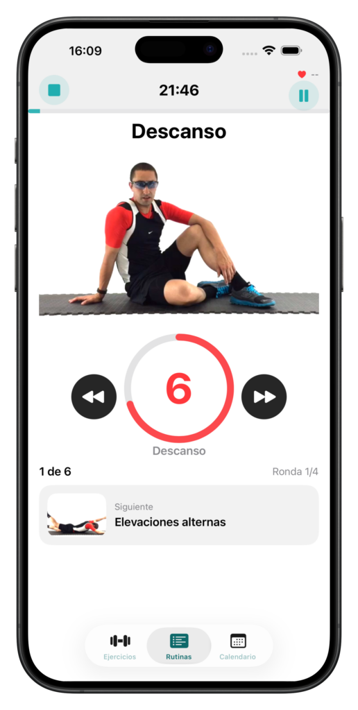 Pantalla de descanso de la app 30GYM con cuenta atrás y siguiente ejercicio