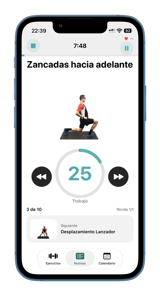 Reproductor de entrenamiento de 30GYM mostrando el pulso en directo durante el ejercicio