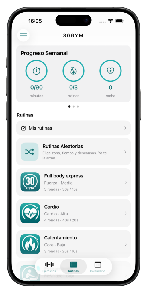 Pantalla de inicio de la app 30GYM con el progreso semanal y la lista de rutinas