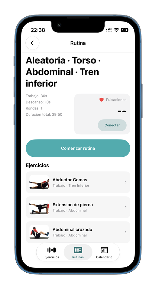 Pantalla de rutina en 30GYM con la tarjeta Pulsaciones y el botón Conectar para un pulsómetro Bluetooth