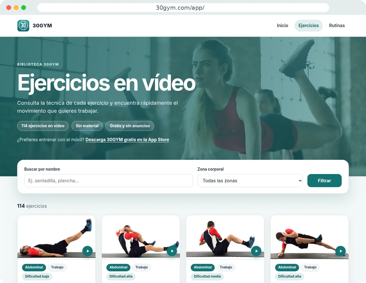 Versión escritorio de 30GYM abierta en el navegador: cabecera verde con foto y tarjetas de ejercicios en vídeo