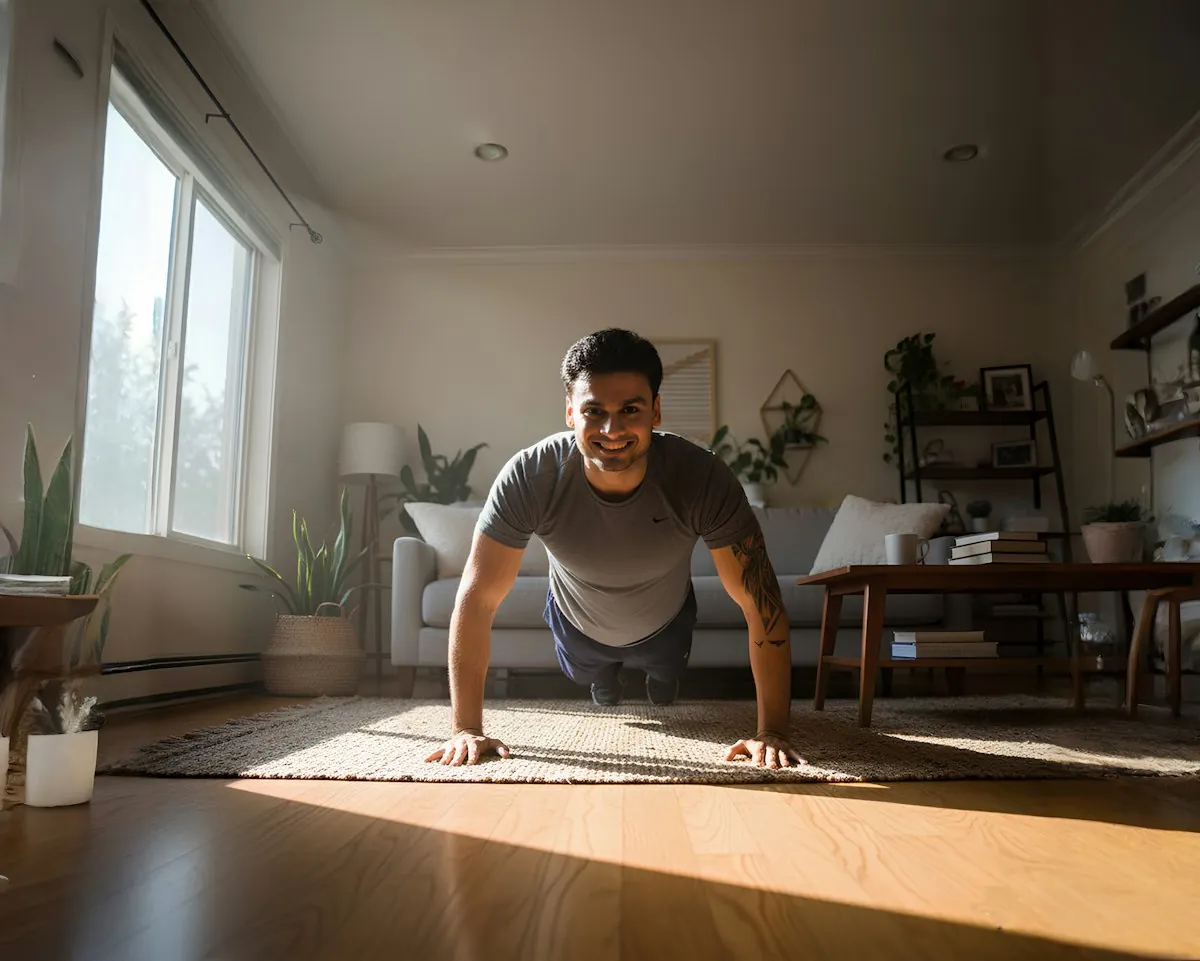 Hombre haciendo flexiones en el salón de su casa con luz natural